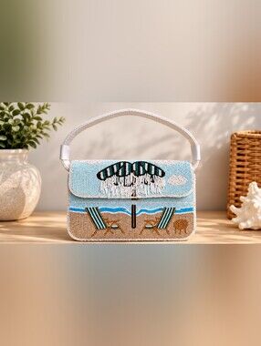 Handcrafted In India Beaded Beach Chair Scene Purse Light Blue & Tan NEW
